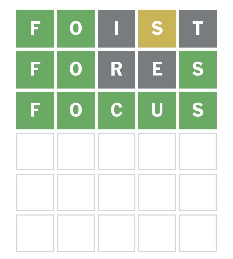 Wordle Hints & Answer Today: September 13, 2026 (Puzzle #1912) 1 Wordle Puzzle #1912 result grid for Sunday, September 13 2026. First row FOIST with F O green S yellow. Second row FORES with F O S green. Third row FOCUS all letters green. Answer is FOCUS. Remaining rows empty.
