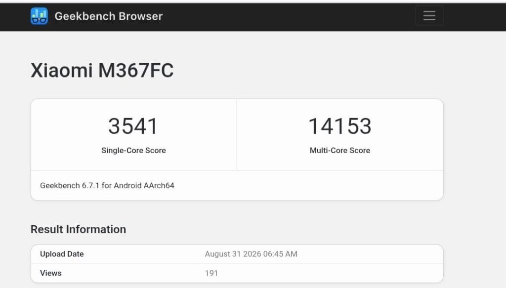 Geekbench 6.7.1 benchmark results for Xiaomi Pad 9 Pro Max model M367FC, showing single-core score of 3541 and multi-core score of 14153, uploaded August 31 2026 at 6:45 AM.