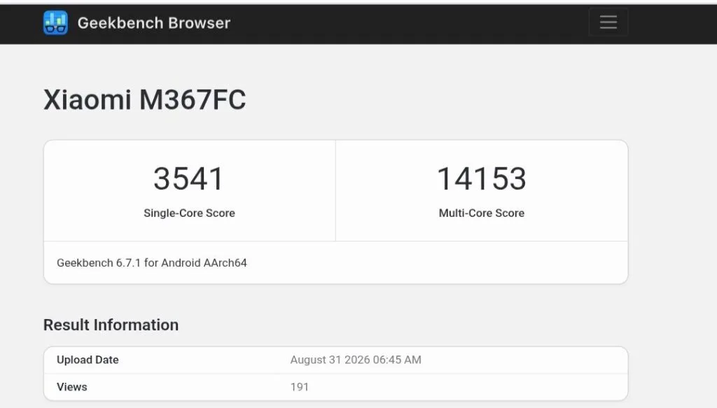 Xiaomi Pad 9 Pro Max With Xring O3 Chip Spotted on Geekbench 1 Geekbench 6.7.1 benchmark results for Xiaomi Pad 9 Pro Max model M367FC, showing single-core score of 3541 and multi-core score of 14153, uploaded August 31 2026 at 6:45 AM.