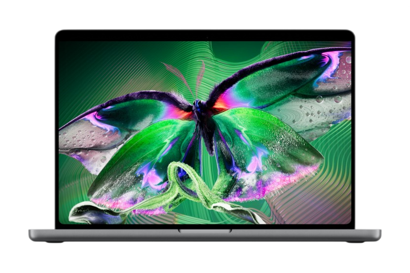 Apple MacBook Pro 2026 silver‑finish unit, its PROLED XRD screen displaying a vibrant iridescent‑butterfly wallpaper on a dark backdrop.