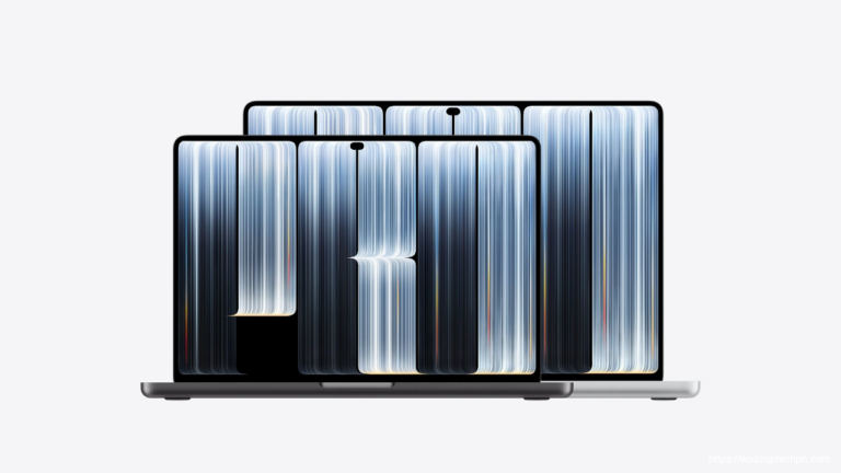 Two Apple MacBook Pro 2026 units in space‑gray and silver finishes, showing their PROLED XRD displays with flowing blue‑white line‑art graphics, set against a plain light‑white background.