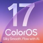 ColorOS 17 official logo on gradient purple orange background with tagline Silky Smooth. Flow with AI