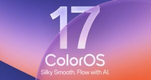ColorOS 17 official logo on gradient purple orange background with tagline Silky Smooth. Flow with AI