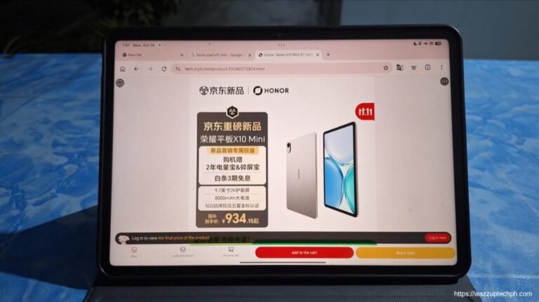 Honor Pad X10 Mini tablet displaying its official JD.com product store page with promotional pricing and key‑feature previews.