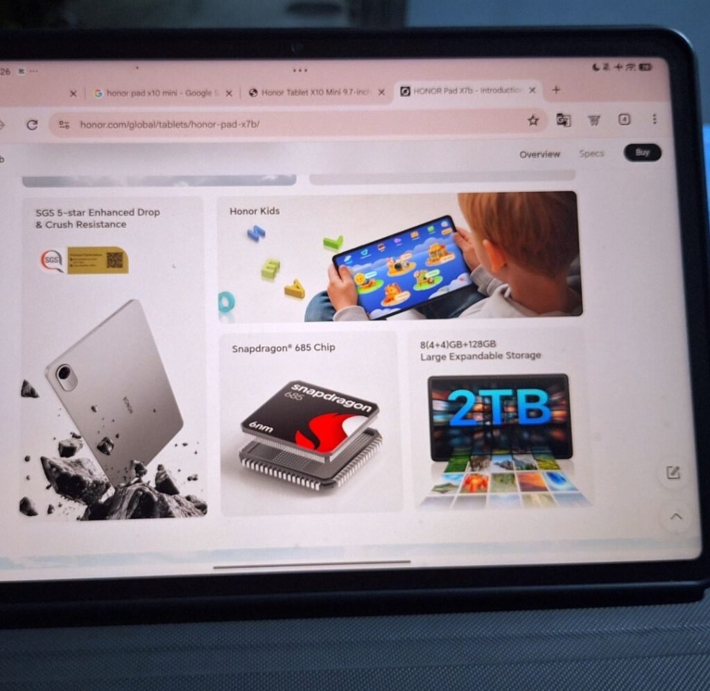Honor Pad X10 Mini screen showing the official Honor global‑website overview page highlighting durability, Snapdragon 685 chip, and expandable‑storage details.