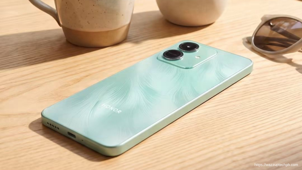 Honor Play10 is now available in the Philippines, priced at PHP 6,999. Rear‑angle shot of the light‑green Honor Play10 resting on a wooden table beside ceramic mugs and light‑framed sunglasses