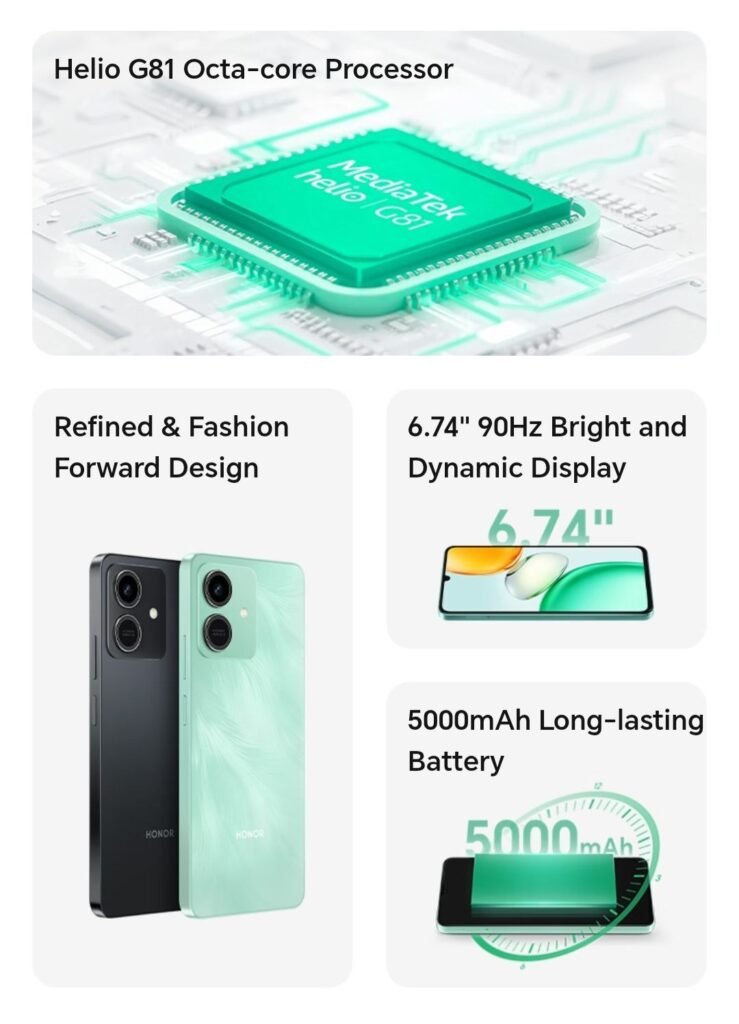 Honor Play10 is now available in the Philippines, priced at PHP 6,999. 1 Honor Play 10 feature infographic showing Helio G81 processor graphic, two phone color variants, 6.74‑inch 90 Hz display preview, and 5000 mAh battery illustration.