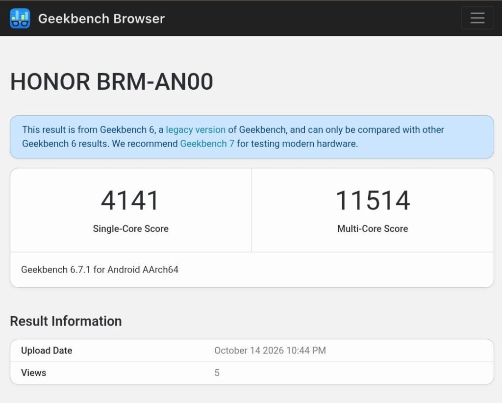 Honor WIN2 Appears on Geekbench, Confirmed Specifications Released 1 Honor WIN2 BRM AN00 Geekbench 6 results showing 4141 single core score and 11514 multi core score uploaded October 14 2026.