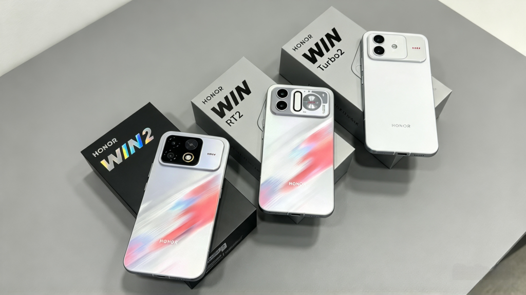Rear‑view shot of Honor WIN2, WIN RT2, WIN Turbo2 alongside their retail boxes, set on a smooth light‑gray table surface