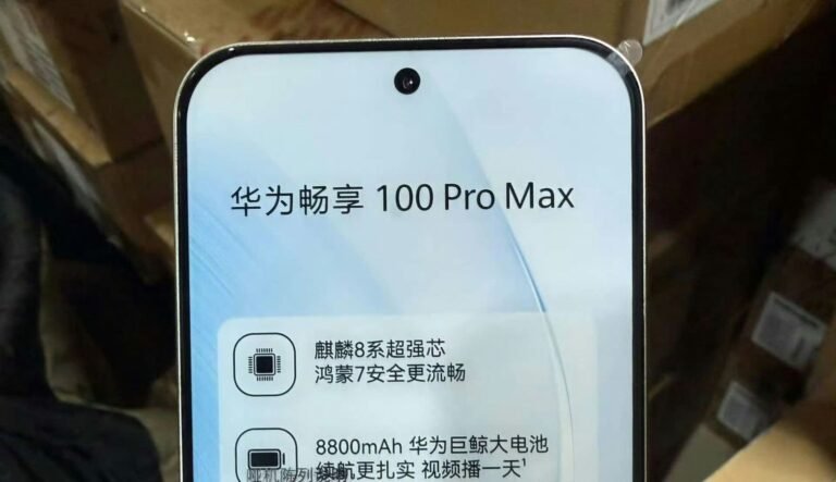 Huawei Enjoy 100 Pro Max front display showing 8800mAh battery and Kirin chip details