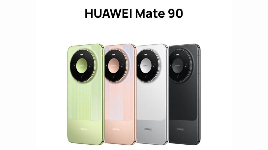 Huawei’s Mate 90 and Mate 90 Pro Hit China With New Chips, Cameras, and HarmonyOS 7 1 HUAWEI Mate 90 official product poster showing rear views in four color variants: green, rose gold, silver, and black, all featuring the signature circular XMAGE camera module