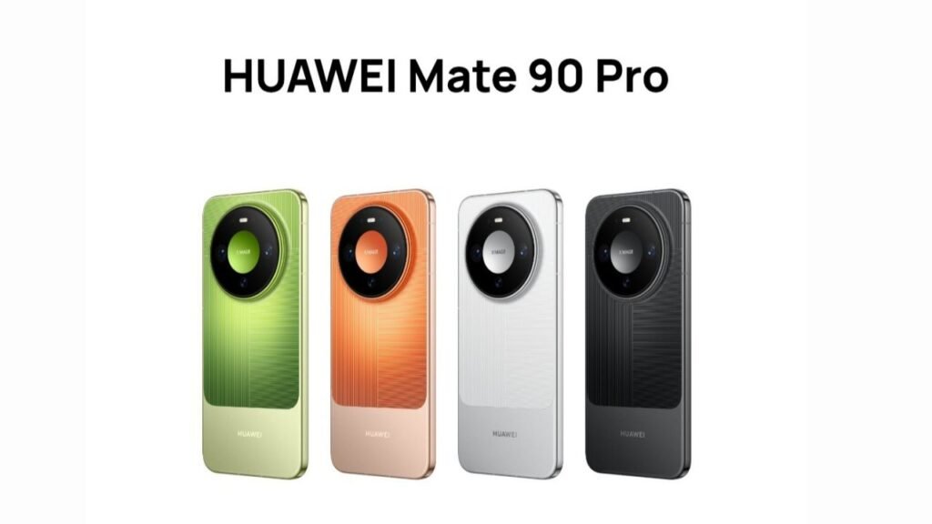 Huawei’s Mate 90 and Mate 90 Pro Hit China With New Chips, Cameras, and HarmonyOS 7 2 HUAWEI Mate 90 Pro official product poster showing rear views in four color variants: green gold, orange gold, silver, and black, all featuring the signature circular XMAGE camera module