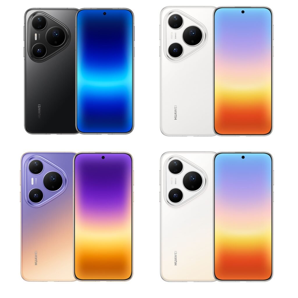 Huawei Pura 90 Plus tipped to feature Kirin 9025, 5,700mAh battery, and 100W charging 1 Product render showing four available Huawei Pura 90 Plus color variants, each displayed with both front‑screen and rear‑panel views against a plain white background.