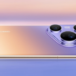 Side‑rear shot of the Huawei Pura 90 Plus gradient gold‑to‑purple smartphone, showing its triangular X‑MAGE triple‑camera module over a soft pastel‑sunset background.