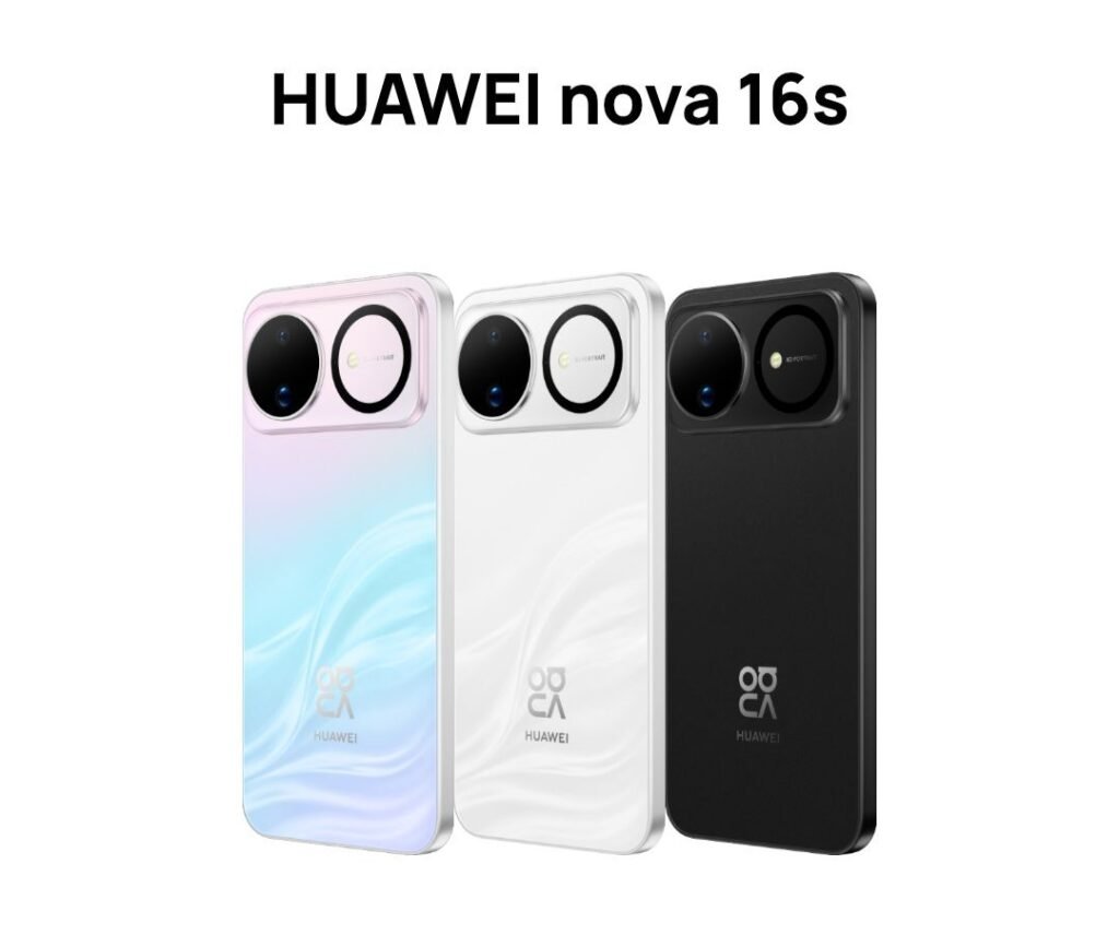 Rear‑view product shot of the Huawei nova 16s in pastel‑gradient, white, and black color variants on plain white background.