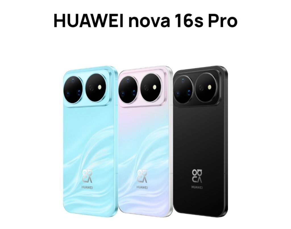 Rear‑view product shot of the Huawei nova 16s Pro in light‑blue, pastel‑gradient, and black color variants on plain white background.