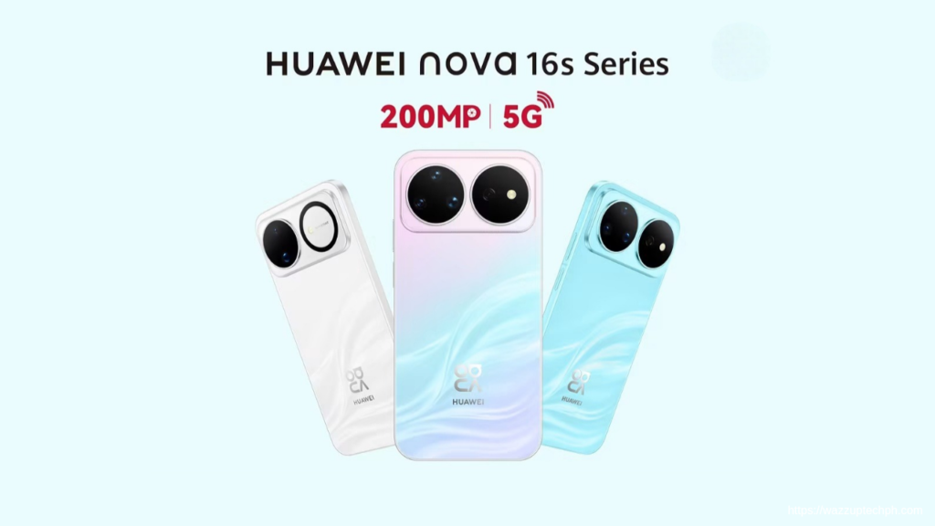 Promotional banner for the Huawei nova 16s Series showing three gradient‑finish smartphone units, marked 200MP 5G, set against a pale‑light‑blue background.