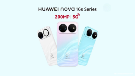 Promotional banner for the Huawei nova 16s Series showing three gradient‑finish smartphone units, marked 200MP 5G, set against a pale‑light‑blue background.