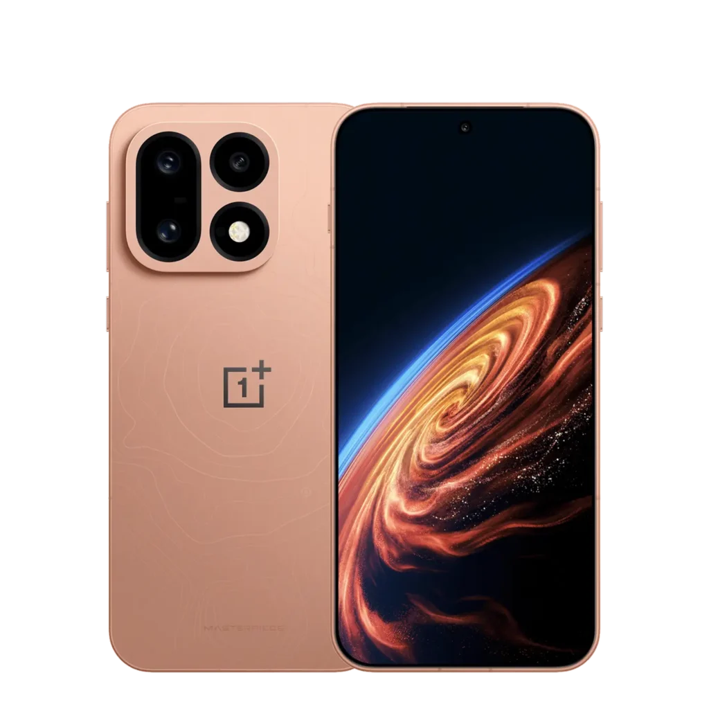 OnePlus 16 in A Martian Masterpiece gold finish showing rear camera module and front display with swirling orange and blue wallpaper