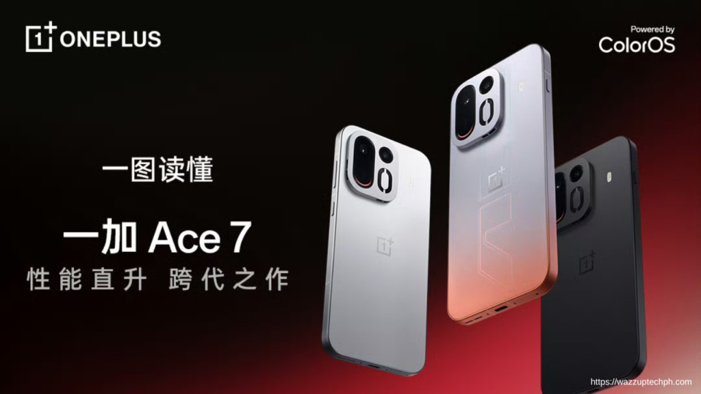OnePlus Ace 7 launched in China; price starts at CNY 4,399 OnePlus Ace 7 promotional graphic showing three gradient‑finish smartphone units against dark‑red backdrop, marked as powered by ColorOS.