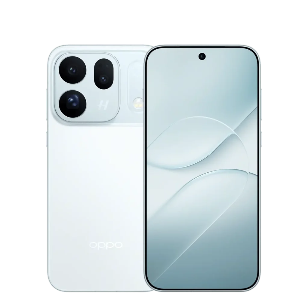 Oppo Find X10 smartphone with white back panel, triple-camera rear module, and front display showing a minimalist wallpaper
