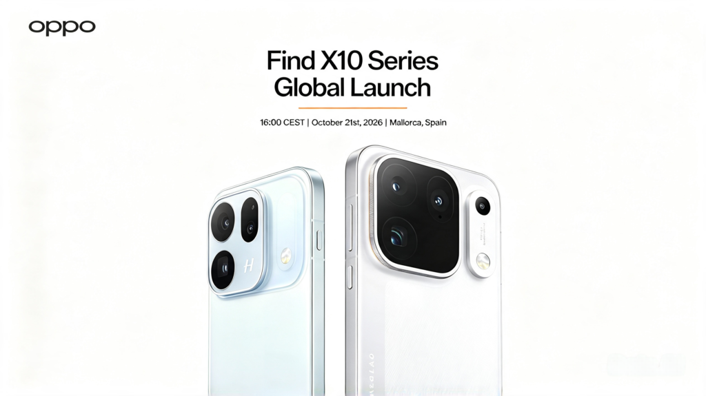 OPPO Find X10 Series Global Launch poster showing Find X10 and Find X10 Pro Max rear camera designs, scheduled for October 21 2026 in Mallorca Spain