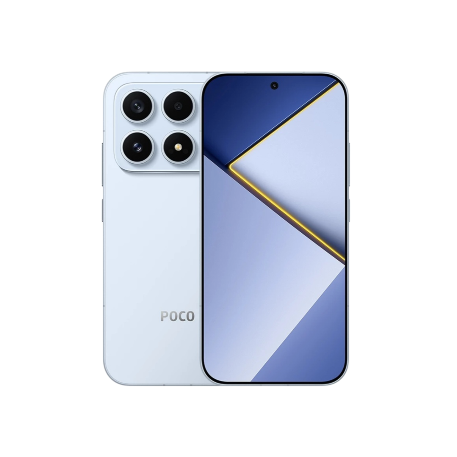 POCO X8S smartphone in pale light‑blue finish showing front screen and rear four‑camera module against solid black background