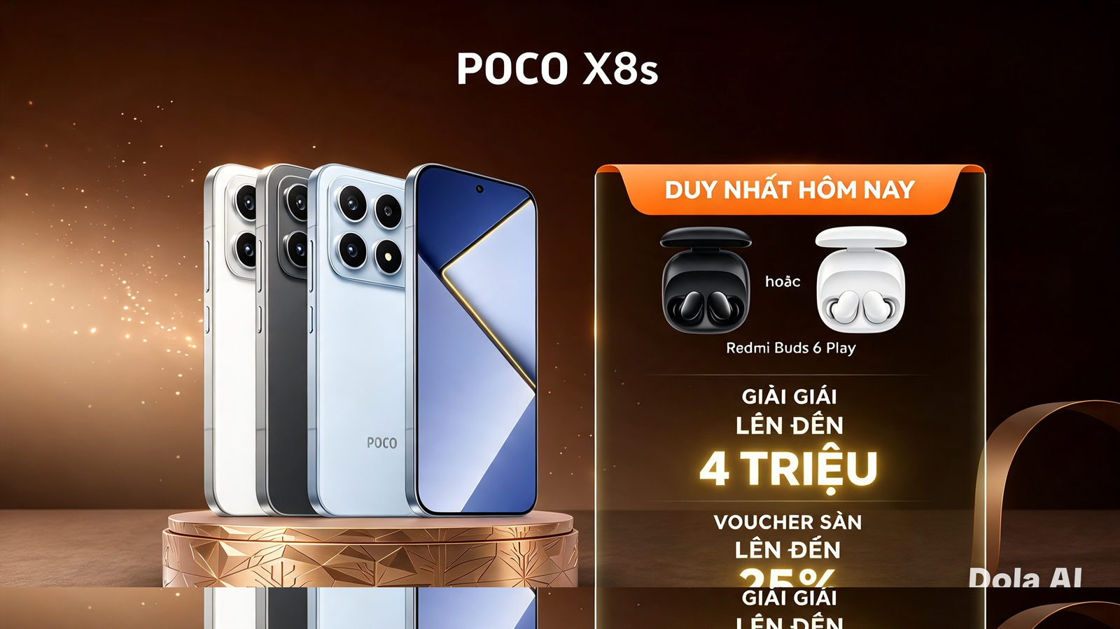 Promotional graphic for POCO X8s showing four device color variants on a carved‑bronze display stand, alongside a Vietnam‑market offer panel featuring Redmi Buds 6 Play earbuds, discount and voucher details, set against a warm‑brown sparkly background