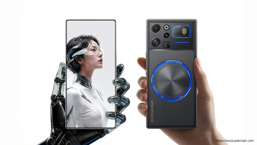 RedMagic 12 Pro showing front screen with under-display camera and rear panel with circular RGB cooling fan camera module and transparent mechanical hand design