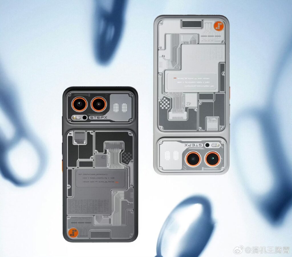 STEPX Neo Is The First Phone Built Around A Native AI Agent 1 StepX Neo in dark gray and light gray translucent versions side by side revealing internal inspired rear panel layout dual camera setup with orange rings