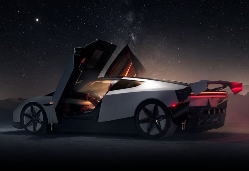 Tesla Unveils Thruster-Powered Roadster 2, Targets 2028 Production 1 Tesla Roadster 2 rear three quarter view with butterfly doors open glowing taillights against starry night sky.
