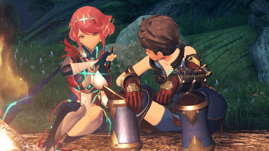Xenoblade Chronicles 2 Nintendo Switch 2 Edition Now Available in the Philippines Pyra and Rex sitting together by a campfire in a grassy rocky landscape from Xenoblade Chronicles 2. Pyra has red hair and glowing teal energy lines across her outfit. Rex looks toward her wearing his signature blue and gold adventurer gear. Warm firelight illuminates the scene.