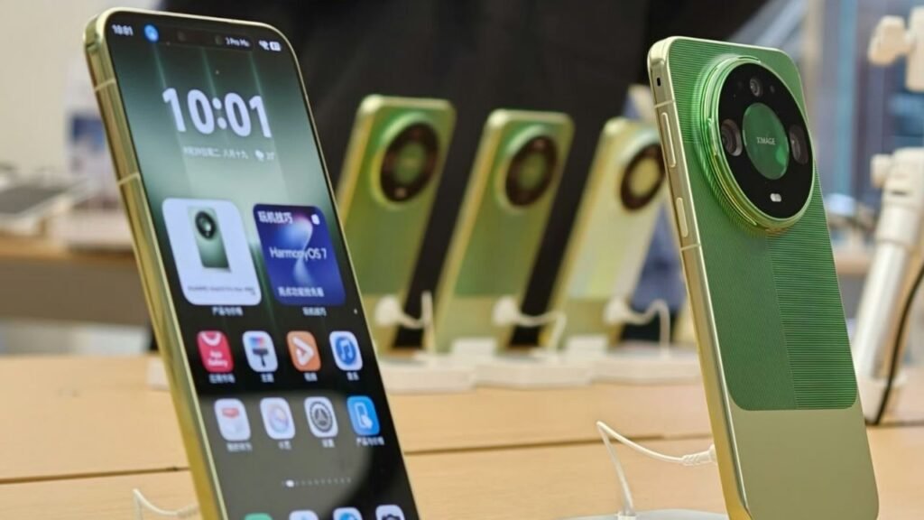 Huawei Mate 90 Pro Max Launched in China With 1-Inch Camera, 200MP Telephoto and 6,800mAh Battery Huawei Mate 90 Pro Max in gold and green finish showing front and rear views, displayed alongside additional units at a product showcase