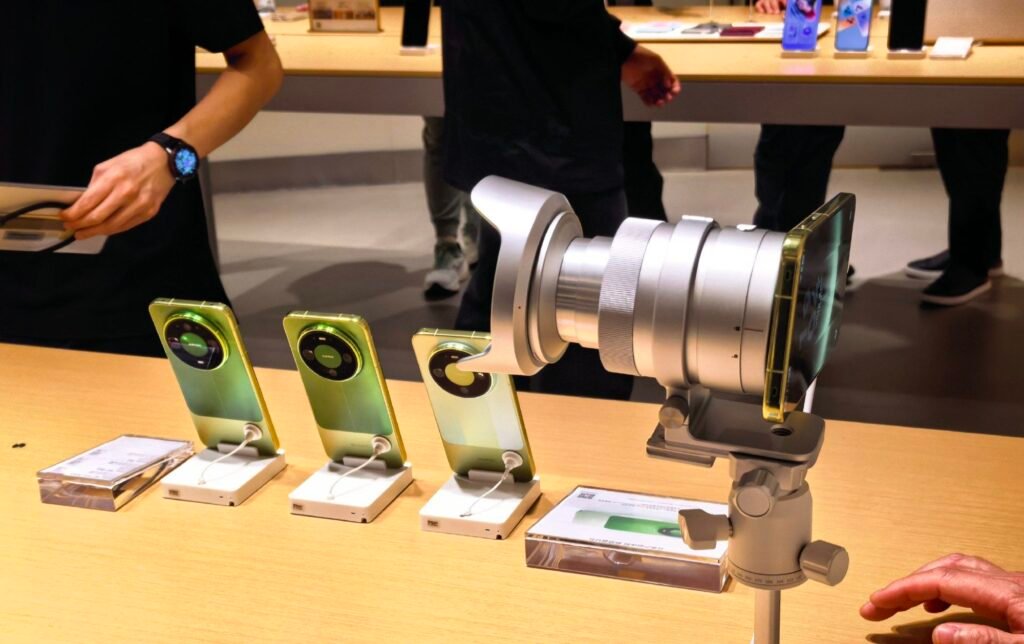 Huawei Mate 90 Pro Max Launched in China With 1-Inch Camera, 200MP Telephoto and 6,800mAh Battery 1 Huawei Ruiying Z10 camera module attached to Huawei Mate 90 Pro Max alongside three device units displayed at an official showcase