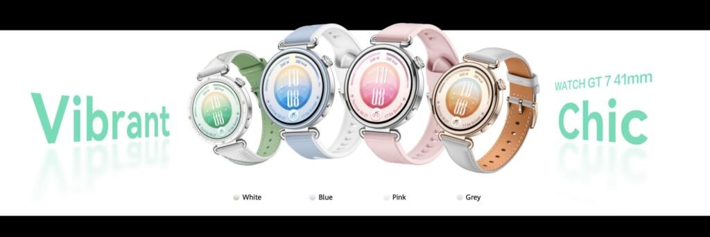 Huawei Watch GT 7 Series and Watch D3 Arrive in the Philippines with New Health and Fitness Features 1 Huawei Watch GT 7 41mm in four color options White Blue Pink Grey displayed side by side with vibrant and chic design themes
