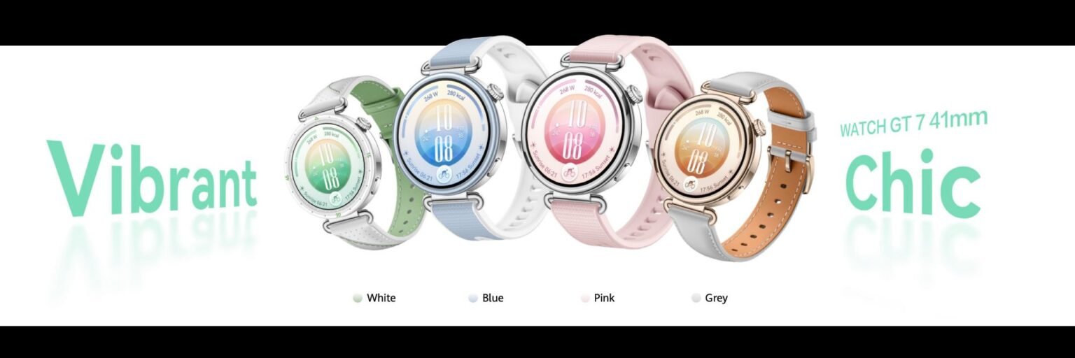 Huawei Watch GT 7 Series and Watch D3 Arrive in the Philippines with New Health and Fitness Features Huawei Watch GT 7 41mm in four color options White Blue Pink Grey displayed side by side with vibrant and chic design themes