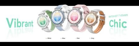 Huawei Watch GT 7 41mm in four color options White Blue Pink Grey displayed side by side with vibrant and chic design themes