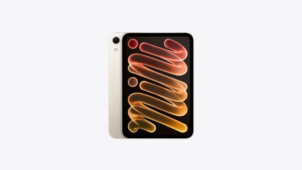 Apple iPad mini 8 (2026) Launches Globally; Philippine Price Starts at ₱49,990 2 Starlight iPad mini 2026 shown in combined front‑and‑rear view; screen displays swirling orange‑to‑red abstract graphic against plain white background.