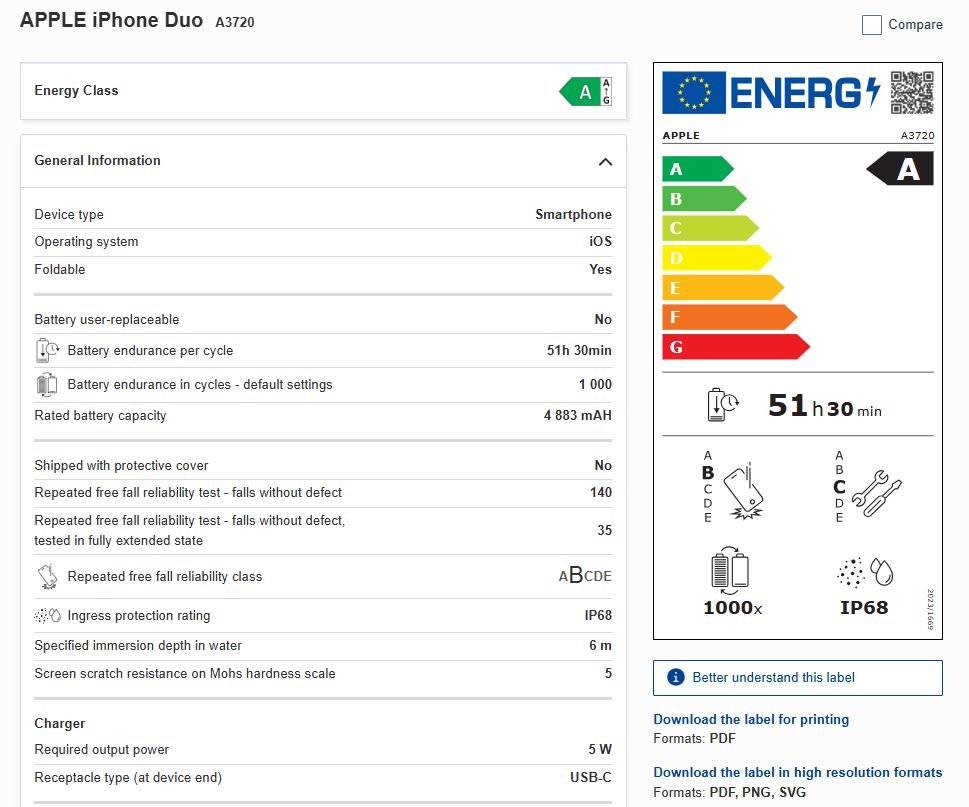 Apple iPhone Duo model A3720 EPREL energy label showing 4883mAh battery capacity 51h 30min endurance rating IP68 water resistance foldable smartphone details