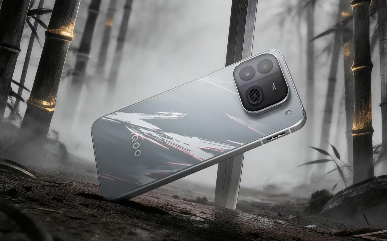 iQOO Neo 12 Launch Date and Key Specifications Confirmed iQOO Neo 12 rear view in silver finish with brushstroke design, standing against misty bamboo background