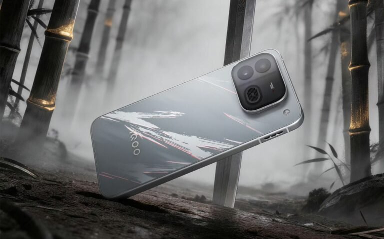 iQOO Neo 12 rear view in silver finish with brushstroke design, standing against misty bamboo background