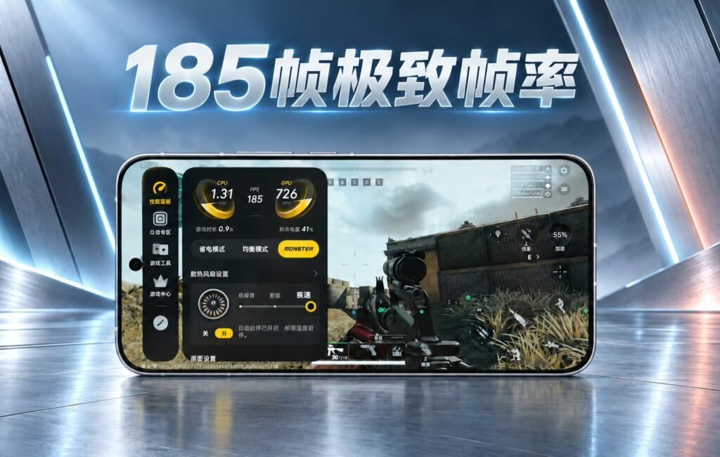 iQOO Neo 12 Gets Mixed Results in Real-World Gaming Tests Promotional graphic of an iQOO smartphone displaying a 185‑fps game‑performance monitoring overlay during mobile‑gameplay footage.