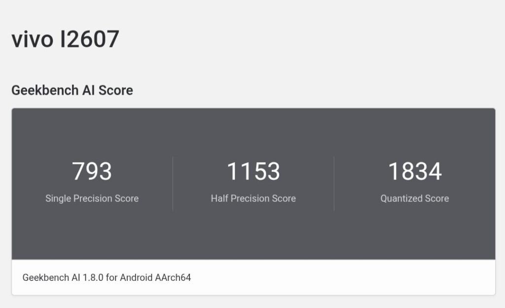 iQOO 16 model I2607 Geekbench AI scores: 793 Single Precision, 1153 Half Precision, 1834 Quantized Score