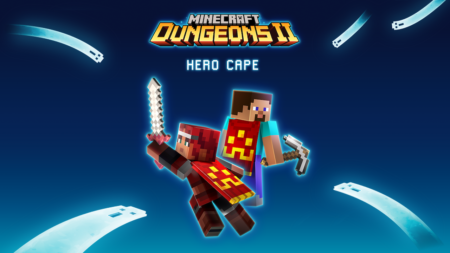 Minecraft Dungeons II Out Now on Nintendo Switch and Switch 2 Minecraft Dungeons II Hero Cape promotional art showing two characters wearing the red and gold Hero Cape against a deep blue background