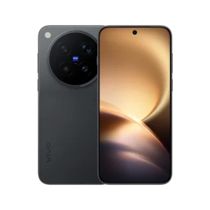 Vivo X500 Pro Max smartphone in dark gray finish shown from back and front. Back features large circular camera module with Zeiss badge and four lenses. Front display has warm golden brown gradient wallpaper and centered punch hole camera. Vivo logo printed on lower left back panel. Displayed against a solid black background.
