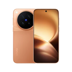 Vivo X500 Pro smartphone in warm orange finish shown from back and front. Back features large circular camera module with Zeiss branding and four lenses. Front has curved display with golden brown gradient design and centered punch hole camera. Vivo logo visible on lower left. Set against solid black background.